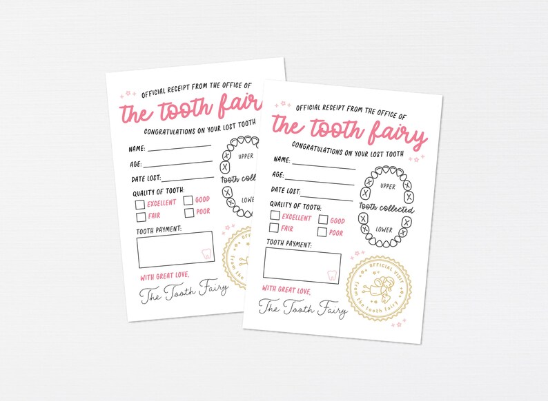 May include: Two printable tooth fairy receipts with pink and black text. The receipts have a space for the child's name, age, date the tooth was lost, quality of tooth, and tooth payment. The receipts also have a space for the tooth fairy to mark whether the tooth was an upper or lower tooth. The receipts have a cute tooth fairy illustration and the text "The Tooth Fairy" at the bottom.