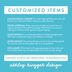 May include: A blue and white text graphic with the words "CUSTOMIZED ITEMS" in large white letters at the top. The text below explains the shop's policies for digital and printed orders, including proof approval, paper details, and a disclaimer.