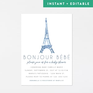Bonjour Bebe Shower Invitation · French Baby Shower Theme ·  Eiffel Tower Party Printable Shower Invite · INSTANT DOWNLOAD (Corjl)