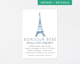 Bonjour bebe-doucheuitnodiging · Frans thema babyshower · Eiffeltorenfeest afdrukbare doucheuitnodiging · INSTANT DOWNLOAD (Corjl)