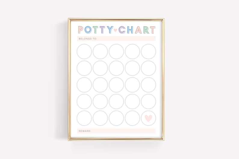 Pu&ograve; includere: Un grafico di addestramento al vasino con cornice dorata e un cuore rosa in basso. Il grafico ha 25 cerchi per segnare i progressi e il testo "POTTY CHART" in lettere colorate.