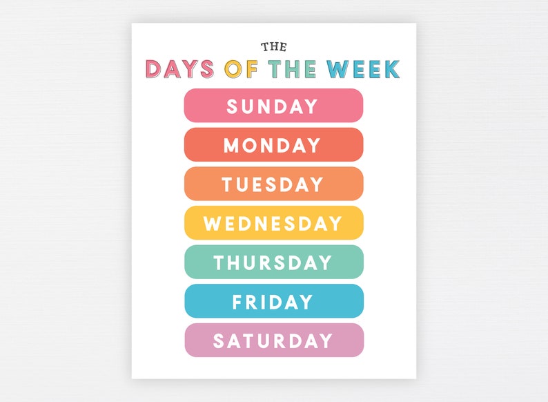 Days of the week printable montessori education poster etsy