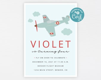 Airplane Invitation · Plane Birthday Printable Invite · Fly on Over · Kids Vintage Propeller Airplane Party · INSTANT DOWNLOAD (Corjl)