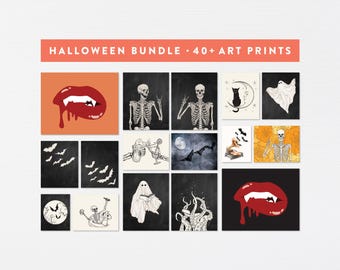May include: A set of 16 printable Halloween art prints featuring various spooky and whimsical designs, including skeletons, bats, ghosts, a cat, a crescent moon, and a vampire's mouth.