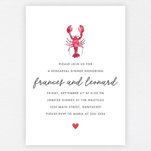 Lobster Rehearsal Dinner Invitation · Modern Wedding Lobster Bake Rehearsal Dinner · Lobster Boil Wedding Heart Invite · DIGITAL OR PRINTED