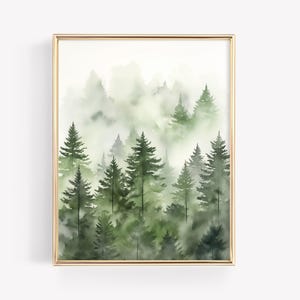 森の絵画 · 松の木のビンテージアートプリント · 素朴な水彩画の印刷物 · 雰囲気のある森の部屋のアート · 花柄のバーカートの装飾 · デジタルファイル