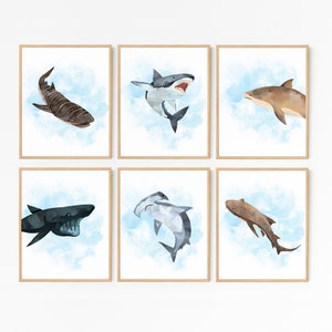 Shark Prints · Set of 6 · Shark Nursery · Ocean Sea Animal Nursery · Sharks Ocean Printable Art · Hammerhead Great White Art · DIGITAL FILES