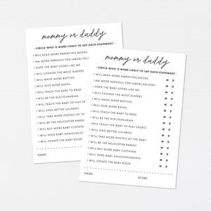 Douchespel mama of papa · Raad eens wie het zei · Raad eens wie - Minimalistische babyshowerspelletjes · Afdrukbare activiteit · DIGITALE BESTANDEN