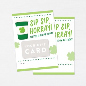 Porta-cartão-presente de café do dia de São Patrício · Capa para cartão para impressão Shamrock Lucky Treat Tag Favor Professor Apreciação Equipe Cliente Obrigado