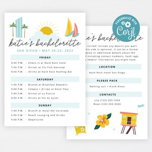 San Diego Bachelorette Itinerary · Beach California Party Invite · Weekend Itinerary Wedding Vacation Schedule · INSTANT DOWNLOAD (Corjl)