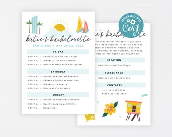 San Diego Bachelorette Itinerary · Beach California Party Invite · Weekend Itinerary Wedding Vacation Schedule · INSTANT DOWNLOAD (Corjl)