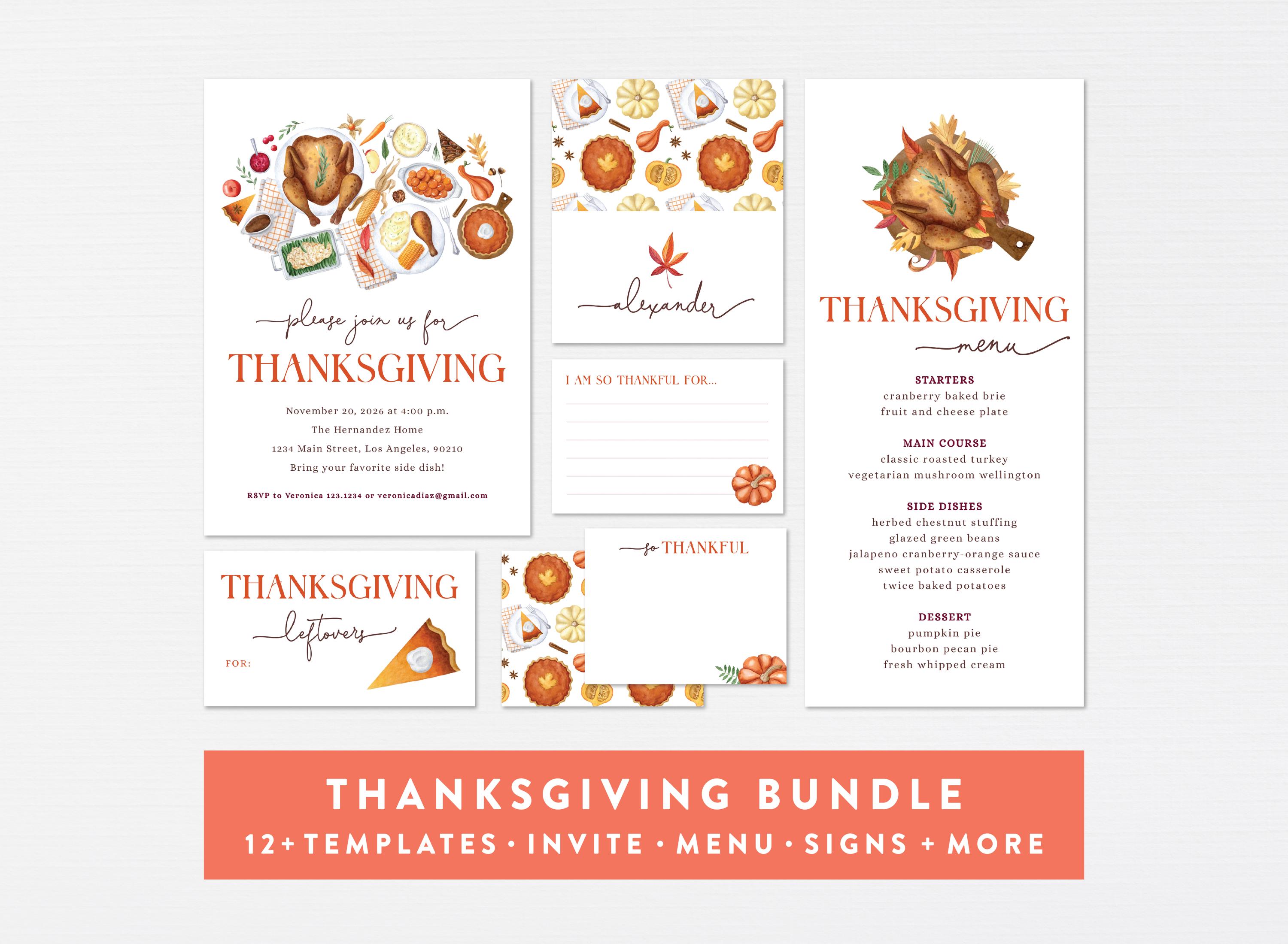 Thanksgiving Invitation Bundle 12+ Templates · Friendsgiving Dinner Menu Tag Editable · Party Holiday Turkey · INSTANT DOWNLOADS (Corjl)