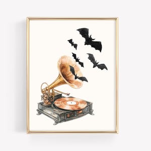 不気味な蓄音機のプリント · コウモリのレコードプレーヤーアート · レトロなハロウィーンアートの印刷物 · モンスターマッシュプリントの秋の室内装飾 · デジタルファイル
