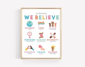 In This House We Believe Art Print · Diversity Education Kindness Poster · Family Beliefs Equality · Home Classroom Rules · DIGITAL FILE