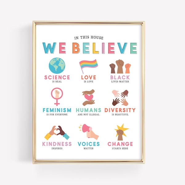 In This House We Believe Art Print · Diversity Education Kindness Poster · Family Beliefs Equality · Home Classroom Rules · DIGITAL FILE