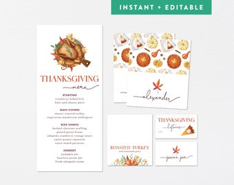 Thanksgiving Menu Template Set · Thanksgiving Table Printable Place Card Labels · Friendsgiving Menu Tent Cards · INSTANT DOWNLOAD (Corjl)