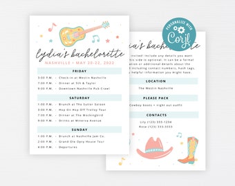 Nashville Bachelorette Itinerary · Country Cowgirl Music Party Invite · Weekend Austin Birthday Vacation Schedule · INSTANT DOWNLOAD (Corjl)