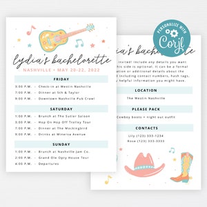 May include: Two-page invitation for a bachelorette party in Nashville, with a guitar illustration and musical notes. The itinerary includes activities like a pub crawl and brunch. The second page has contact information and a packing list.