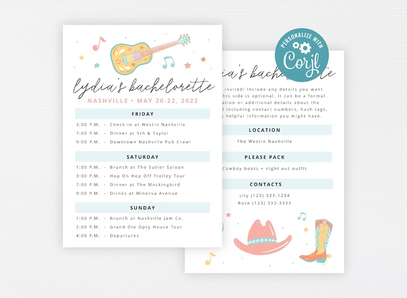 May include: Two-page invitation for a bachelorette party in Nashville, with a guitar illustration and musical notes. The itinerary includes activities like a pub crawl and brunch. The second page has contact information and a packing list.