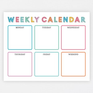 Kids Weekly Calendar Cute Colorful Printable Children's - Etsy