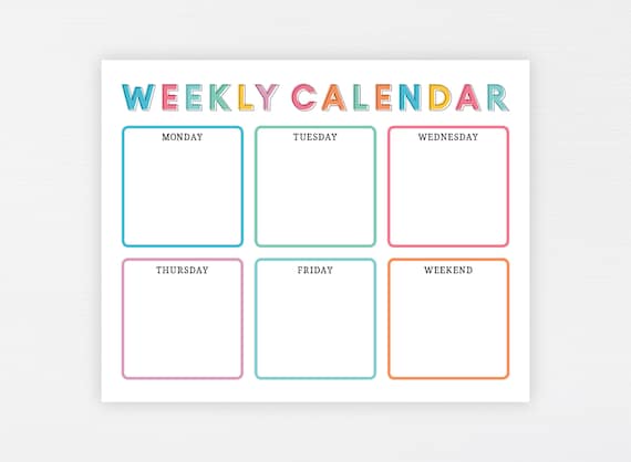 Kids Weekly Calendar Cute Colorful Printable Children's - Etsy