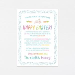 May include: A colourful printable card with a message from the Easter Bunny. The card features a white bunny holding a carrot and the text "Happy Easter!" in rainbow colours. The card is decorated with blue polka dots.