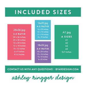 May include: A graphic showing the different sizes included in a digital download of printable art. The sizes are listed in inches and include 24x36, 16x20, and 18x24. The graphic also includes A sizes, which are A1, A2, A3, and A4. The graphic is in a pink, blue, and green color scheme.