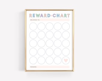 Può includere: Un grafico di ricompense stampabile con una cornice dorata. Il grafico ha 25 cerchi da colorare e uno spazio per una ricompensa. Il testo "REWARD CHART" è in lettere colorate nella parte superiore del grafico.