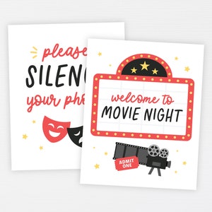 K&ouml;nnte beinhalten: Zwei druckbare Schilder f&uuml;r eine Filmabend-Party. Das erste Schild sagt "Bitte schalten Sie Ihre Telefone aus" mit einer roten und schwarzen Theatermaske. Das zweite Schild sagt "Willkommen zum Filmabend" mit einem roten und gelben Leuchtkasten und einer alten Filmkamera.