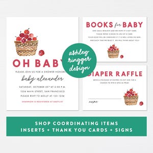 Op de afbeelding: Een babyborrel uitnodiging met een rood en wit aquarel ontwerp met een mand vol rode kersen. De uitnodiging bevat de tekst "Oh Baby!" en "Baby Alexander". De uitnodiging bevat ook de datum, tijd en locatie van de babyborrel. De tekst "Boeken voor Baby" en "Luier Loterij" is ook op de uitnodiging te vinden.