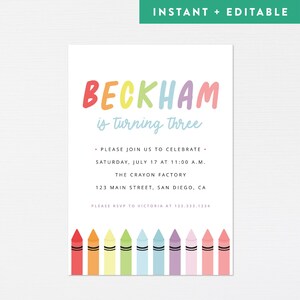 Puede incluir: Una invitaci&oacute;n de cumplea&ntilde;os colorida para un ni&ntilde;o llamado Beckham que cumple tres a&ntilde;os. La invitaci&oacute;n presenta un arco&iacute;ris de crayones y el texto "BECKHAM cumple tres a&ntilde;os".