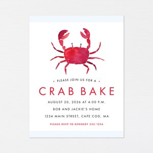 Könnte beinhalten: Eine Aquarell-Illustration eines roten Krebses mit dem Text "PLEASE JOIN US FOR A... CRAB BAKE" in Rot. Die Einladung beschreibt ein Krabbenessen am 20. August 2026 um 16:00 Uhr bei Bob und Jackie, 1234 Main Street, Cape Cod, MA. Die Einladung enthält auch die RSVP-Informationen: "PLEASE RSVP TO KENNEDY 333-1234".