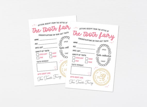 Tooth Fairy Letter · Pink Tooth Fairy Note Card · Tooth Fairy Receipt Note Print · Tooth Fairy Certificate Printable · DIGITAL + CORJL