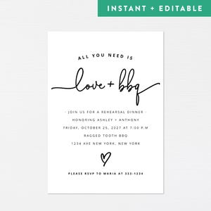 Love and BBQ Rehearsal Dinner Invitation · Modern Minimalist Engagement Bbq Wedding Shower · Barbecue Food Invite · INSTANT DOWNLOAD (Corjl)