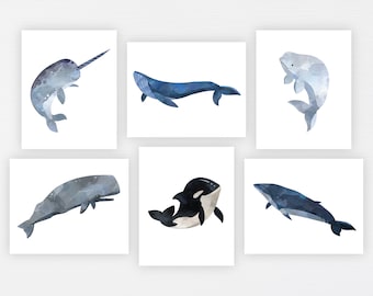 Whale Animal Prints · Set of 6 · Ocean Sea Nursery Theme · Narwhal Whale Printable · Sea Nautical Nursery Decor · DIGITAL FILES