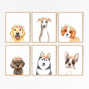 May include: Set of six watercolor illustrations of different dog breeds wearing flower crowns. Each illustration is framed in a light wood frame and features a different breed of dog, including a golden retriever, a greyhound, a Cavalier King Charles Spaniel, a dachshund, a husky, and a French bulldog.
