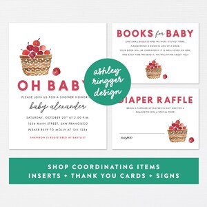Op de afbeelding: Een babyborrel uitnodiging met een rood en wit aquarel ontwerp met een mand vol kersen. De uitnodiging bevat de tekst "Oh Baby!" en "Baby Alexander". De uitnodiging bevat ook details voor de borrel, inclusief de datum, tijd, locatie en RSVP informatie.