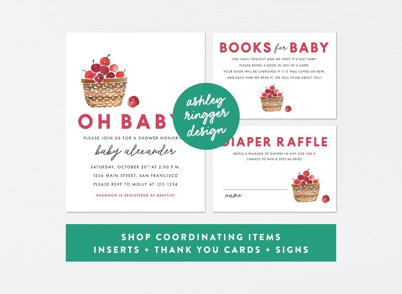 Op de afbeelding: Een babyborrel uitnodiging met een rood en wit aquarel ontwerp met een mand vol kersen. De uitnodiging bevat de tekst "Oh Baby!" en "Baby Alexander". De uitnodiging bevat ook details voor de borrel, inclusief de datum, tijd, locatie en RSVP informatie.