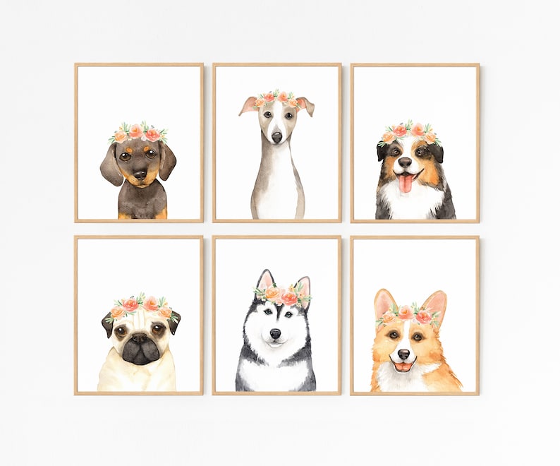 May include: Six watercolor paintings of different dog breeds wearing flower crowns. Each painting features a different breed, including a dachshund, Italian Greyhound, Australian Shepherd, pug, husky, and corgi.