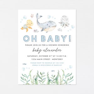 Invito per baby shower sotto il mare · Invito per baby shower a tema oceano · Semplice tema per baby shower con animali marini · Invito a tema tartaruga marina e balena · DIGITALE O STAMPATO