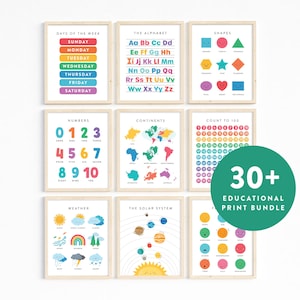 Ensemble d'affiches éducatives · Impressions d'art colorées pour l'apprentissage · Décoration de salle de jeux pour l'école à la maison · Numéro de couleur de l'alphabet Montessori · Fichiers numériques