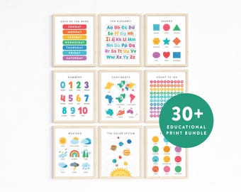 Education Poster Set · Colorful Learning Art Prints · Homeschool Classroom Playroom Decor · Montessori Alphabet Color Number · DIGITAL FILES