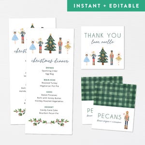 May include: Printable Christmas dinner menu featuring a Nutcracker theme. The menu includes a list of drinks, main dish, sides, and dessert. The menu is decorated with a watercolor illustration of a Christmas tree and Nutcracker characters.