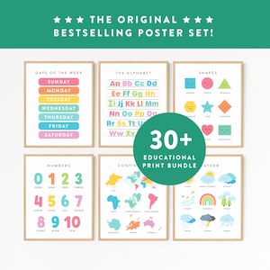 Juego de carteles educativos · Impresiones artísticas de aprendizaje coloridas · Decoración de sala de juegos para el aula de educación en el hogar · Alfabeto Montessori, números y colores · ARCHIVOS DIGITALES