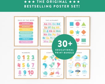 May include: A set of six educational posters with wooden frames. The posters display the days of the week, the alphabet, shapes, numbers, world continents, and weather patterns. The text "THE ORIGINAL BESTSELLING POSTER SET!" is at the top.