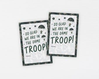 Army Parachute Valentine Tags · Green Camo Army Man Printable Classroom Favor Tag · Glad We're in Same Troop Valentine's Day · DIGITAL FILE