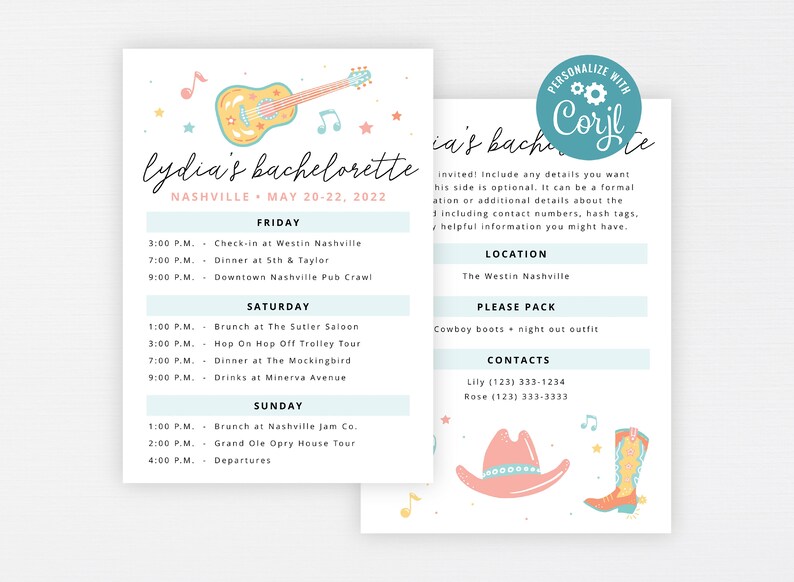 Nashville Bachelorette Itinerary · Country Cowgirl Music Party Invite · Weekend Austin Birthday Vacation Schedule · INSTANT DOWNLOAD (Corjl) image 4