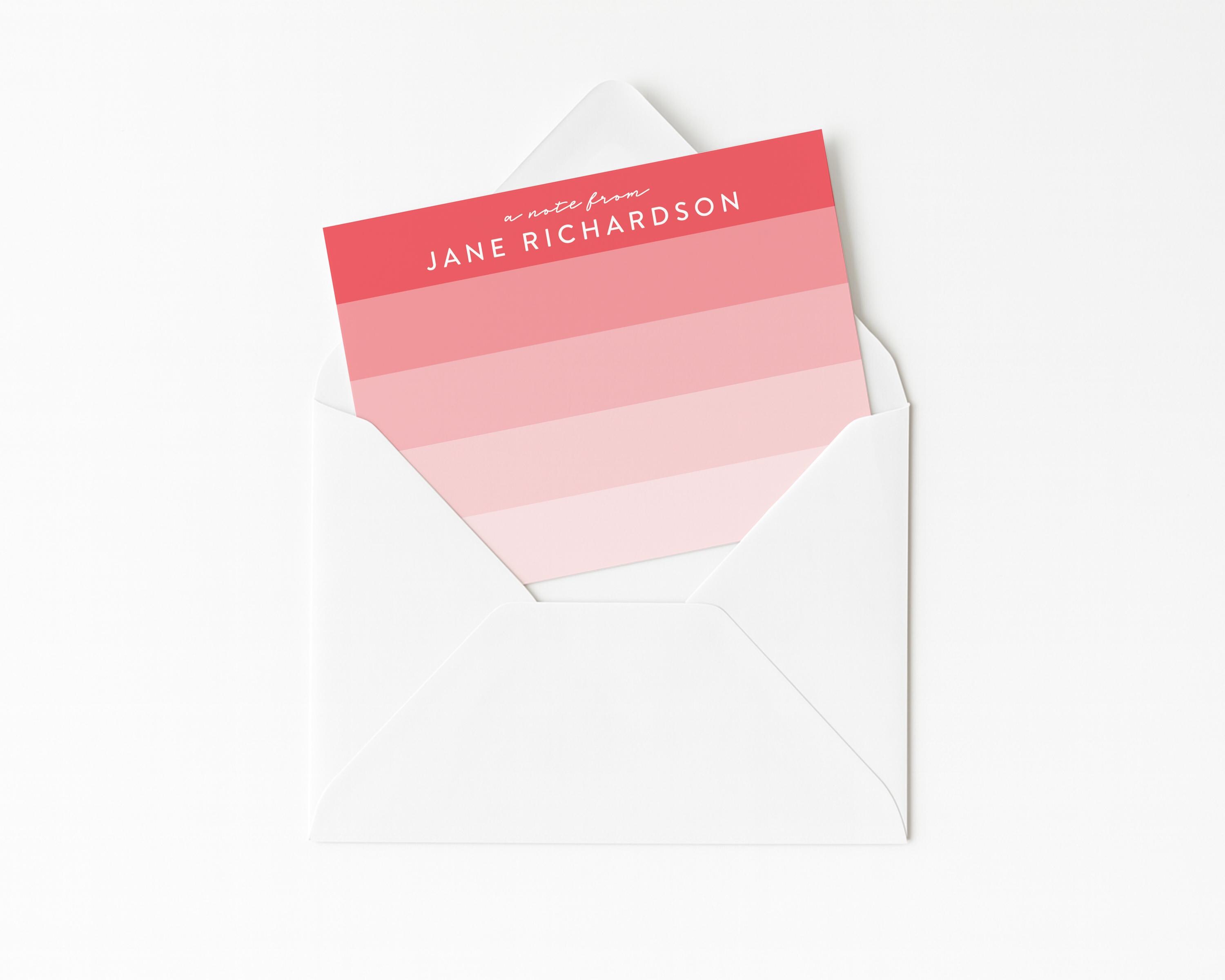 Papeterie ombrée rouge · Remerciements personnalisés pour Noël · Cartes de correspondance personnalisées rouges · Ensemble cadeau de papeterie sur mesure à rayures colorées · IMPRESSION