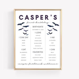May include: A printable first birthday sign for a boy named Casper. The sign features a black and white bat design with the text "Casper's first birthday". The sign also includes information about Casper's birthdate, favorite things, and what he can do.
