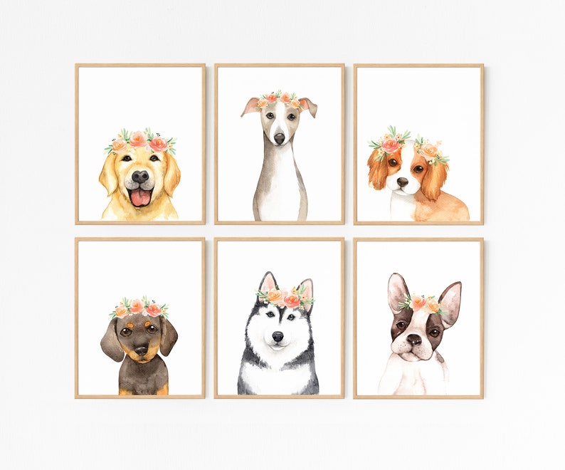May include: Set of six watercolor illustrations of different dog breeds wearing flower crowns. Each illustration is framed in a light wood frame and features a different breed of dog, including a golden retriever, a greyhound, a Cavalier King Charles Spaniel, a dachshund, a husky, and a French bulldog.